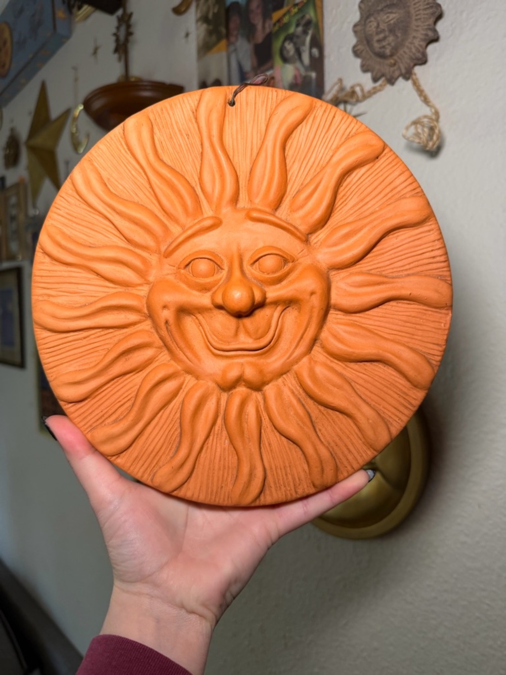 Terracotta Sun Face Wall Plaque - Bright Orange Ceramic Décor